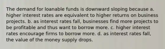 The demand for loanable funds is downward sloping because a. higher interest rates are equivalent to higher returns on business projects. b. as interest rates fall, businesses find more projects to be profitable and thus want to borrow more. c. higher interest rates encourage firms to borrow more. d. as interest rates fall, the value of the money supply drops.