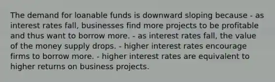 The demand for loanable funds is downward sloping because - as interest rates fall, businesses find more projects to be profitable and thus want to borrow more. - as interest rates fall, the value of the money supply drops. - higher interest rates encourage firms to borrow more. - higher interest rates are equivalent to higher returns on business projects.