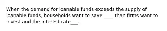 When the demand for loanable funds exceeds the supply of loanable funds, households want to save ____ than firms want to invest and the interest rate___.