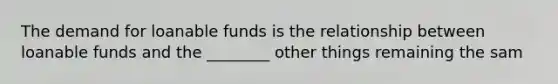 The demand for loanable funds is the relationship between loanable funds and the ________ other things remaining the sam