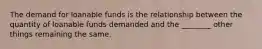 The demand for loanable funds is the relationship between the quantity of loanable funds demanded and the ________ other things remaining the same.