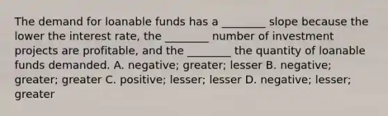 The demand for loanable funds has a​ ________ slope because the lower the interest​ rate, the​ ________ number of investment projects are​ profitable, and the​ ________ the quantity of loanable funds demanded. A. ​negative; greater; lesser B. ​negative; greater; greater C. ​positive; lesser; lesser D. ​negative; lesser; greater