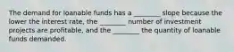 The demand for loanable funds has a ________ slope because the lower the interest rate, the ________ number of investment projects are profitable, and the ________ the quantity of loanable funds demanded.