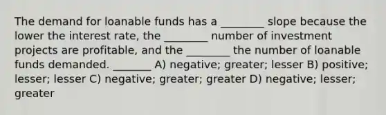 The demand for loanable funds has a ________ slope because the lower the interest rate, the ________ number of investment projects are profitable, and the ________ the number of loanable funds demanded. _______ A) negative; greater; lesser B) positive; lesser; lesser C) negative; greater; greater D) negative; lesser; greater