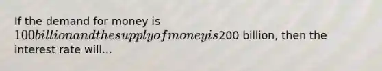 If the demand for money is 100 billion and the supply of money is200 billion, then the interest rate will...