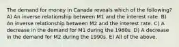 The demand for money in Canada reveals which of the following? A) An inverse relationship between M1 and the interest rate. B) An inverse relationship between M2 and the interest rate. C) A decrease in the demand for M1 during the 1980s. D) A decrease in the demand for M2 during the 1990s. E) All of the above.