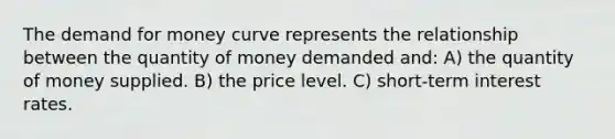 The demand for money curve represents the relationship between the quantity of money demanded and: A) the quantity of money supplied. B) the price level. C) short-term interest rates.