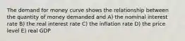 The demand for money curve shows the relationship between the quantity of money demanded and A) the nominal interest rate B) the real interest rate C) the inflation rate D) the price level E) real GDP