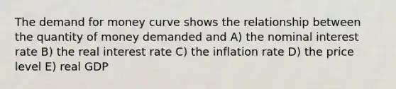 The demand for money curve shows the relationship between the quantity of money demanded and A) the nominal interest rate B) the real interest rate C) the inflation rate D) the price level E) real GDP