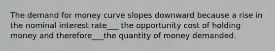 <a href='https://www.questionai.com/knowledge/klIDlybqd8-the-demand-for-money' class='anchor-knowledge'>the demand for money</a> curve slopes downward because a rise in the nominal interest rate___ the opportunity cost of holding money and therefore___the quantity of money demanded.