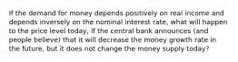 If the demand for money depends positively on real income and depends inversely on the nominal interest rate, what will happen to the price level today, if the central bank announces (and people believe) that it will decrease the money growth rate in the future, but it does not change the money supply today?