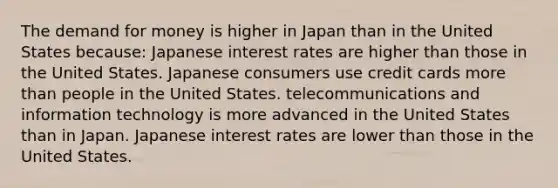 <a href='https://www.questionai.com/knowledge/klIDlybqd8-the-demand-for-money' class='anchor-knowledge'>the demand for money</a> is higher in Japan than in the United States because: Japanese interest rates are higher than those in the United States. Japanese consumers use credit cards <a href='https://www.questionai.com/knowledge/keWHlEPx42-more-than' class='anchor-knowledge'>more than</a> people in the United States. telecommunications and information technology is more advanced in the United States than in Japan. Japanese interest rates are lower than those in the United States.