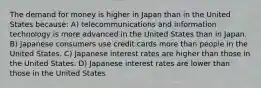 The demand for money is higher in Japan than in the United States because: A) telecommunications and information technology is more advanced in the United States than in Japan. B) Japanese consumers use credit cards more than people in the United States. C) Japanese interest rates are higher than those in the United States. D) Japanese interest rates are lower than those in the United States