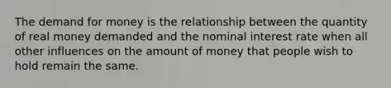 The demand for money is the relationship between the quantity of real money demanded and the nominal interest rate when all other influences on the amount of money that people wish to hold remain the same.