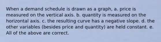 When a demand schedule is drawn as a graph, a. price is measured on the vertical axis. b. quantity is measured on the horizontal axis. c. the resulting curve has a negative slope. d. the other variables (besides price and quantity) are held constant. e. All of the above are correct.