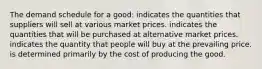 The demand schedule for a good: indicates the quantities that suppliers will sell at various market prices. indicates the quantities that will be purchased at alternative market prices. indicates the quantity that people will buy at the prevailing price. is determined primarily by the cost of producing the good.