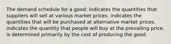 The demand schedule for a good: indicates the quantities that suppliers will sell at various market prices. indicates the quantities that will be purchased at alternative market prices. indicates the quantity that people will buy at the prevailing price. is determined primarily by the cost of producing the good.