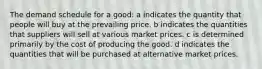 The demand schedule for a good: a indicates the quantity that people will buy at the prevailing price. b indicates the quantities that suppliers will sell at various market prices. c is determined primarily by the cost of producing the good. d indicates the quantities that will be purchased at alternative market prices.