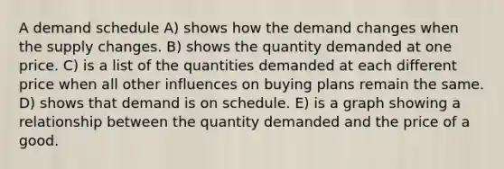 A demand schedule A) shows how the demand changes when the supply changes. B) shows the quantity demanded at one price. C) is a list of the quantities demanded at each different price when all other influences on buying plans remain the same. D) shows that demand is on schedule. E) is a graph showing a relationship between the quantity demanded and the price of a good.