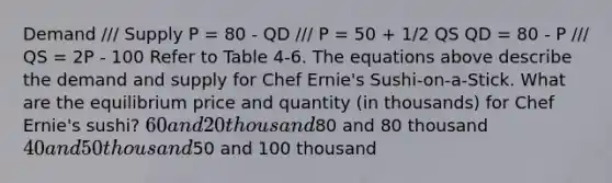 Demand /// Supply P = 80 - QD /// P = 50 + 1/2 QS QD = 80 - P /// QS = 2P - 100 Refer to Table 4-6. The equations above describe the demand and supply for Chef Ernie's Sushi-on-a-Stick. What are the equilibrium price and quantity (in thousands) for Chef Ernie's sushi? 60 and 20 thousand80 and 80 thousand 40 and 50 thousand50 and 100 thousand