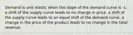 Demand is unit elastic when the slope of the demand curve is -1. a shift of the supply curve leads to no change in price. a shift of the supply curve leads to an equal shift of the demand curve. a change in the price of the product leads to no change in the total revenue.