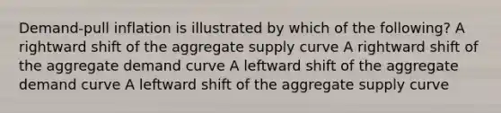 Demand-pull inflation is illustrated by which of the following? A rightward shift of the aggregate supply curve A rightward shift of the aggregate demand curve A leftward shift of the aggregate demand curve A leftward shift of the aggregate supply curve