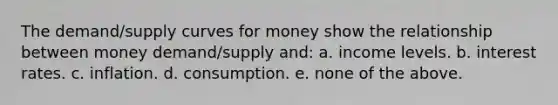 The demand/supply curves for money show the relationship between money demand/supply and: a. income levels. b. interest rates. c. inflation. d. consumption. e. none of the above.