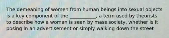 The demeaning of women from human beings into sexual objects is a key component of the ___________, a term used by theorists to describe how a woman is seen by mass society, whether is it posing in an advertisement or simply walking down the street