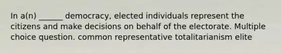 In a(n) ______ democracy, elected individuals represent the citizens and make decisions on behalf of the electorate. Multiple choice question. common representative totalitarianism elite