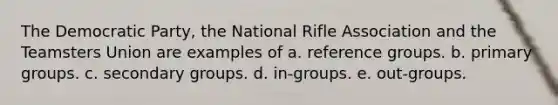 The Democratic Party, the National Rifle Association and the Teamsters Union are examples of a. reference groups. b. primary groups. c. secondary groups. d. in-groups. e. out-groups.