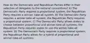 How do the Democratic and Republican Parties differ in their selection of delegates to the national conventions? A) The Democratic Party requires a proportional system; the Republican Party requires a winner- take-all system. B) The Democratic Party requires a winner-take-all system; the Republican Party requires a proportional system. C) The Democratic Party allows states to choose between proportional and winner-take-all systems; the Republican Party requires states to use the winner-take-all system. D) The Democratic Party requires a proportional system; the Republican Party allows for a hybrid of proportional and winner-take-all systems.