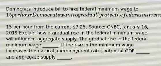 Democrats introduce bill to hike federal minimum wage to​ 15 per hour Democrats want to gradually raise the federal minimum wage to​15 per hour from the current​ 7.25. ​Source: CNBC​, January​ 16, 2019 Explain how a gradual rise in the federal minimum wage will influence aggregate supply. The gradual rise in the federal minimum wage​ _______. If the rise in the minimum wage increases the natural unemployment​ rate, potential GDP​ ______ and aggregate supply​ ______.