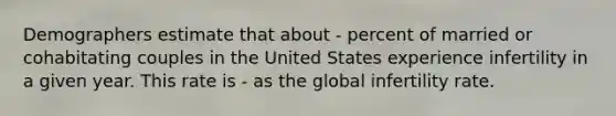 Demographers estimate that about - percent of married or cohabitating couples in the United States experience infertility in a given year. This rate is - as the global infertility rate.