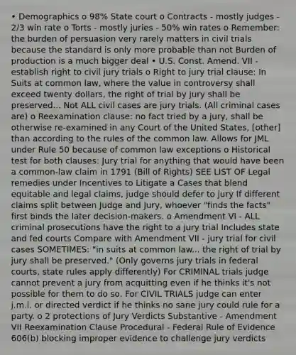 • Demographics o 98% State court o Contracts - mostly judges - 2/3 win rate o Torts - mostly juries - 50% win rates o Remember: the burden of persuasion very rarely matters in civil trials because the standard is only more probable than not Burden of production is a much bigger deal • U.S. Const. Amend. VII - establish right to civil jury trials o Right to jury trial clause: In Suits at common law, where the value in controversy shall exceed twenty dollars, the right of trial by jury shall be preserved... Not ALL civil cases are jury trials. (All criminal cases are) o Reexamination clause: no fact tried by a jury, shall be otherwise re-examined in any Court of the United States, [other] than according to the rules of the common law. Allows for JML under Rule 50 because of common law exceptions o Historical test for both clauses: Jury trial for anything that would have been a common-law claim in 1791 (Bill of Rights) SEE LIST OF Legal remedies under Incentives to Litigate a Cases that blend equitable and legal claims, judge should defer to jury If different claims split between Judge and Jury, whoever "finds the facts" first binds the later decision-makers. o Amendment VI - ALL criminal prosecutions have the right to a jury trial Includes state and fed courts Compare with Amendment VII - jury trial for civil cases SOMETIMES: "in suits at common law... the right of trial by jury shall be preserved." (Only governs jury trials in federal courts, state rules apply differently) For CRIMINAL trials judge cannot prevent a jury from acquitting even if he thinks it's not possible for them to do so. For CIVIL TRIALS judge can enter j.m.l. or directed verdict if he thinks no sane jury could rule for a party. o 2 protections of Jury Verdicts Substantive - Amendment VII Reexamination Clause Procedural - Federal Rule of Evidence 606(b) blocking improper evidence to challenge jury verdicts