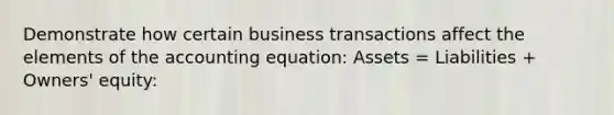 Demonstrate how certain business transactions affect the elements of <a href='https://www.questionai.com/knowledge/k7UJ6J5ODQ-the-accounting-equation' class='anchor-knowledge'>the accounting equation</a>: Assets = Liabilities + Owners' equity: