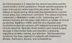 Do Demonstration 4.3. Describe the central executive and the characteristics of this component. Provide several examples of tasks that require central executive processes. Describe its relation to daydreaming. What does the neuroscience research reveal about this component? Comment: The central executive component in Baddeley's model is the "processing part" of working memory and has been implicated in a number of clinical syndromes. Baddeley (1986) used the term Dysexecutive Syndrome to describe patients with impaired functioning of the central executive. Typically, these patients were found to have damage in their frontal lobes and disorders in planning, organizing, problem solving, and attention. The Dysexecutive Syndrome has been reported in patients with Alzheimer's disease, Parkinson's disease, and schizophrenia.