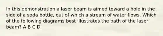 In this demonstration a laser beam is aimed toward a hole in the side of a soda bottle, out of which a stream of water flows. Which of the following diagrams best illustrates the path of the laser beam? A B C D