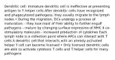 Dendritic cell: Immature dendritic cell is ineffective at presenting antigen to T helper cells After dendritic cells have recognized and phagocytosed pathogens, they usually migrate to the lymph nodes • During the migration, DCs undergo a process of maturation: - they lose most of their ability to further engulf pathogens - mature by changing surface expression of MHC II co-stimulatory molecules - increased production of cytokines Each lymph node is a collection point where APCs can interact with T cells A dendritic cell that interacts with an already-activated helper T cell can become licensed • Only licensed dendritic cells are able to activate cytotoxic T cells and T helper cells for many pathogens