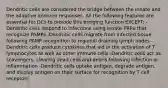 Dendritic cells are considered the bridge between the innate and the adaptive immune responses. All the following features are essential for DCs to provide this bridging function EXCEPT: -Dendritic cells respond to infections using innate PRRs that recognize PAMPs -Dendritic cells migrate from infected tissue following PAMP recognition to regional draining lymph nodes -Dendritic cells produce cytokines that aid in the activation of T lymphocytes as well as other immune cells -Dendritic cells act as scavengers, clearing dead cells and debris following infection or inflammation -Dendritic cells uptake antigen, degrade antigen, and display antigen on their surface for recognition by T cell receptors