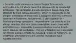 • Dendritic cells stimulate a class of helper Ts to secrete interleukin-4 & -13 which cause B & plasma cells to secrete IgE antibodies - IgE antibodies do not circulate in blood; they stay attached to mast cells & basophils - When re-exposed to same allegen, antibodies on mast cells & basophils bind it & stimulate secretion of histamine, leukotrienes, & prostaglandin D • Producing allergy symptoms - depending on the severity of the allergic reaction, this can cause anaphylatic shock -treat with antihistamines - Immediate hypersensitivities involve B-cell's which produce IgE antibodies - the IgE antibodies are responsible for intense allergic symptoms including release of histamine, as treatment, antihistamines are used for immediate type hypersensitivities.