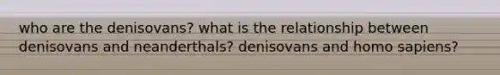 who are the denisovans? what is the relationship between denisovans and neanderthals? denisovans and <a href='https://www.questionai.com/knowledge/k9aqcXDhxN-homo-sapiens' class='anchor-knowledge'>homo sapiens</a>?