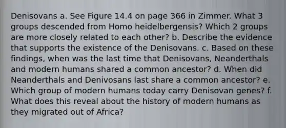 Denisovans a. See Figure 14.4 on page 366 in Zimmer. What 3 groups descended from Homo heidelbergensis? Which 2 groups are more closely related to each other? b. Describe the evidence that supports the existence of the Denisovans. c. Based on these findings, when was the last time that Denisovans, Neanderthals and modern humans shared a common ancestor? d. When did Neanderthals and Denivosans last share a common ancestor? e. Which group of modern humans today carry Denisovan genes? f. What does this reveal about the history of modern humans as they migrated out of Africa?