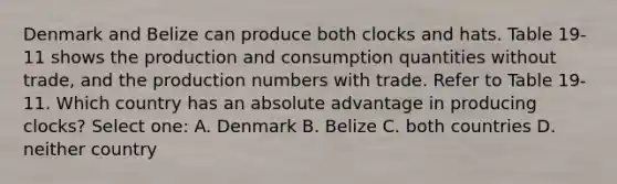 Denmark and Belize can produce both clocks and hats. Table 19-11 shows the production and consumption quantities without trade, and the production numbers with trade. Refer to Table 19-11. Which country has an absolute advantage in producing clocks? Select one: A. Denmark B. Belize C. both countries D. neither country