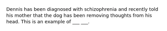 Dennis has been diagnosed with schizophrenia and recently told his mother that the dog has been removing thoughts from his head. This is an example of ___ ___.