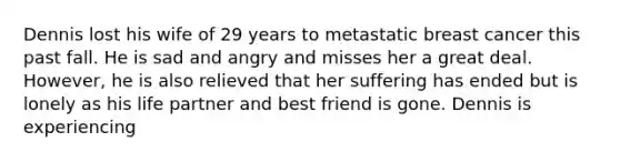 Dennis lost his wife of 29 years to metastatic breast cancer this past fall. He is sad and angry and misses her a great deal. However, he is also relieved that her suffering has ended but is lonely as his life partner and best friend is gone. Dennis is experiencing