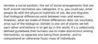 denotes a social position, the set of social arrangements that are built around normative sex categories. It is, you could say, what people do with the physical materials of sex. No one disputes that biological differences exist between men and women. However, what we make of those differences does not inevitably arise out of the biological. Gender is one set of stories we tell each other and believe in to get by in the world. It's a collectively defined guidebook that humans use to make distinctions among themselves, to separate one being from another, and to comprehend an otherwise fuzzy mass of individuals.