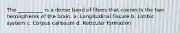 The __________ is a dense band of fibers that connects the two hemispheres of the brain. a. Longitudinal fissure b. Limbic system c. Corpus callosum d. Reticular formation