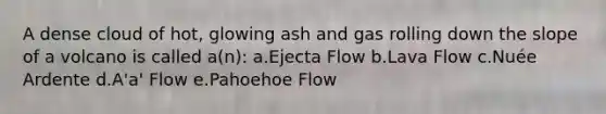 A dense cloud of hot, glowing ash and gas rolling down the slope of a volcano is called a(n): a.Ejecta Flow b.Lava Flow c.Nuée Ardente d.A'a' Flow e.Pahoehoe Flow