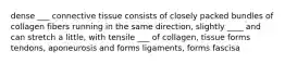 dense ___ connective tissue consists of closely packed bundles of collagen fibers running in the same direction, slightly ____ and can stretch a little, with tensile ___ of collagen, tissue forms tendons, aponeurosis and forms ligaments, forms fascisa