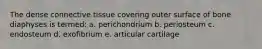 The dense connective tissue covering outer surface of bone diaphyses is termed: a. perichondrium b. periosteum c. endosteum d. exofibrium e. articular cartilage